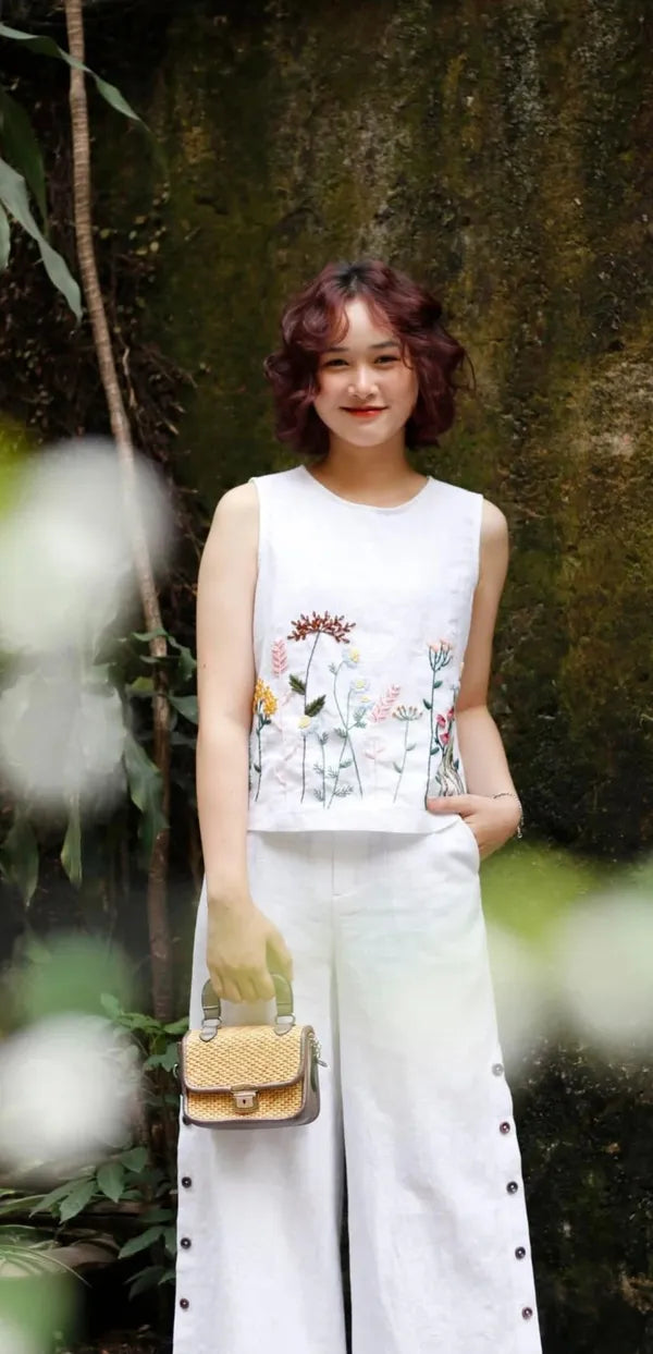 White Cotton Embroidered Top And Pant For Women