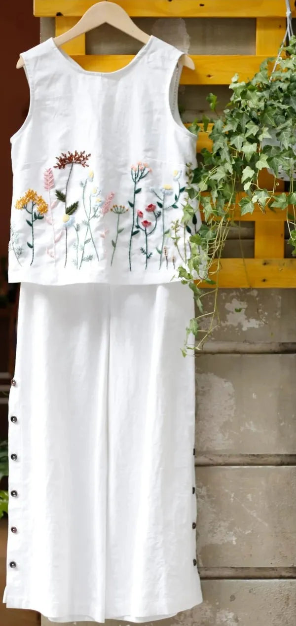 White Cotton Embroidered Top And Pant For Women