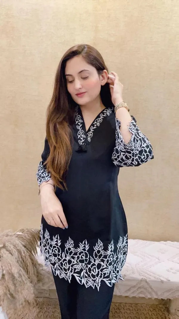 Black Embroidered Cotton Co-Ord Set For Women
