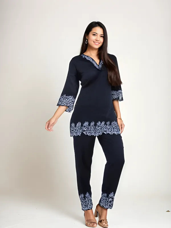 Black Embroidered Cotton Co-Ord Set For Women