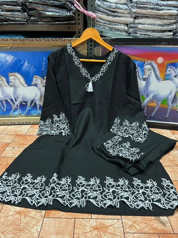 Black Embroidered Cotton Co-Ord Set For Women