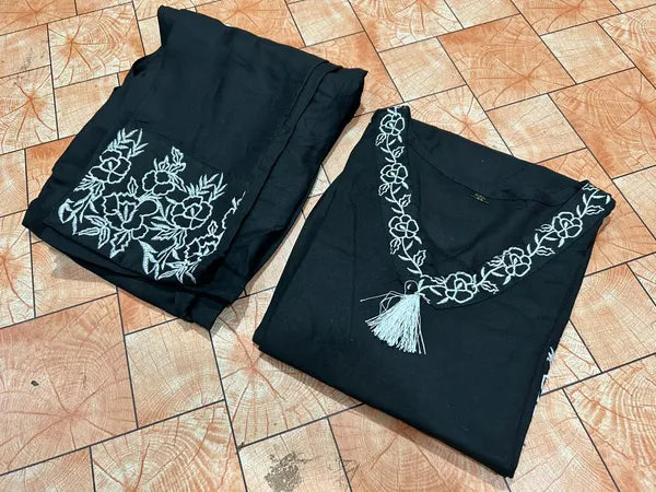 Black Embroidered Cotton Co-Ord Set For Women