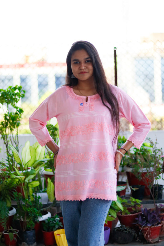 Peach Chikankari Pure Cotton Top For Women