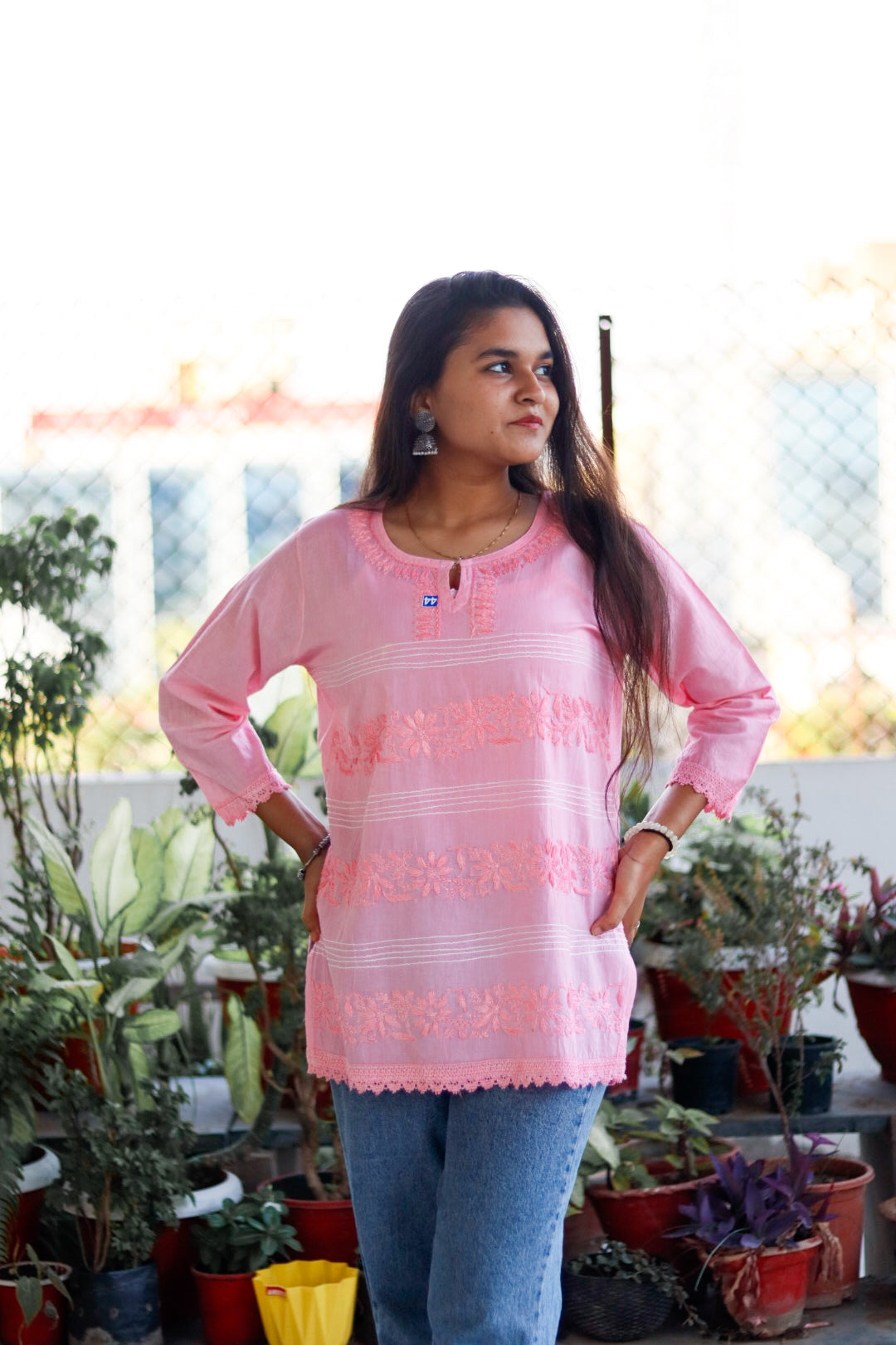 Peach Chikankari Pure Cotton Top For Women