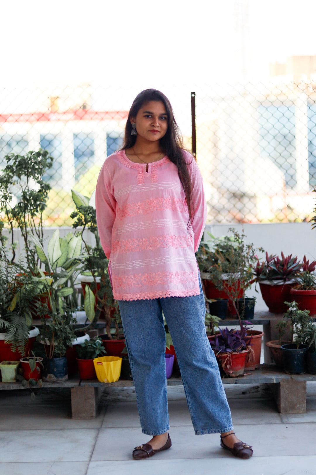 Peach Chikankari Pure Cotton Top For Women