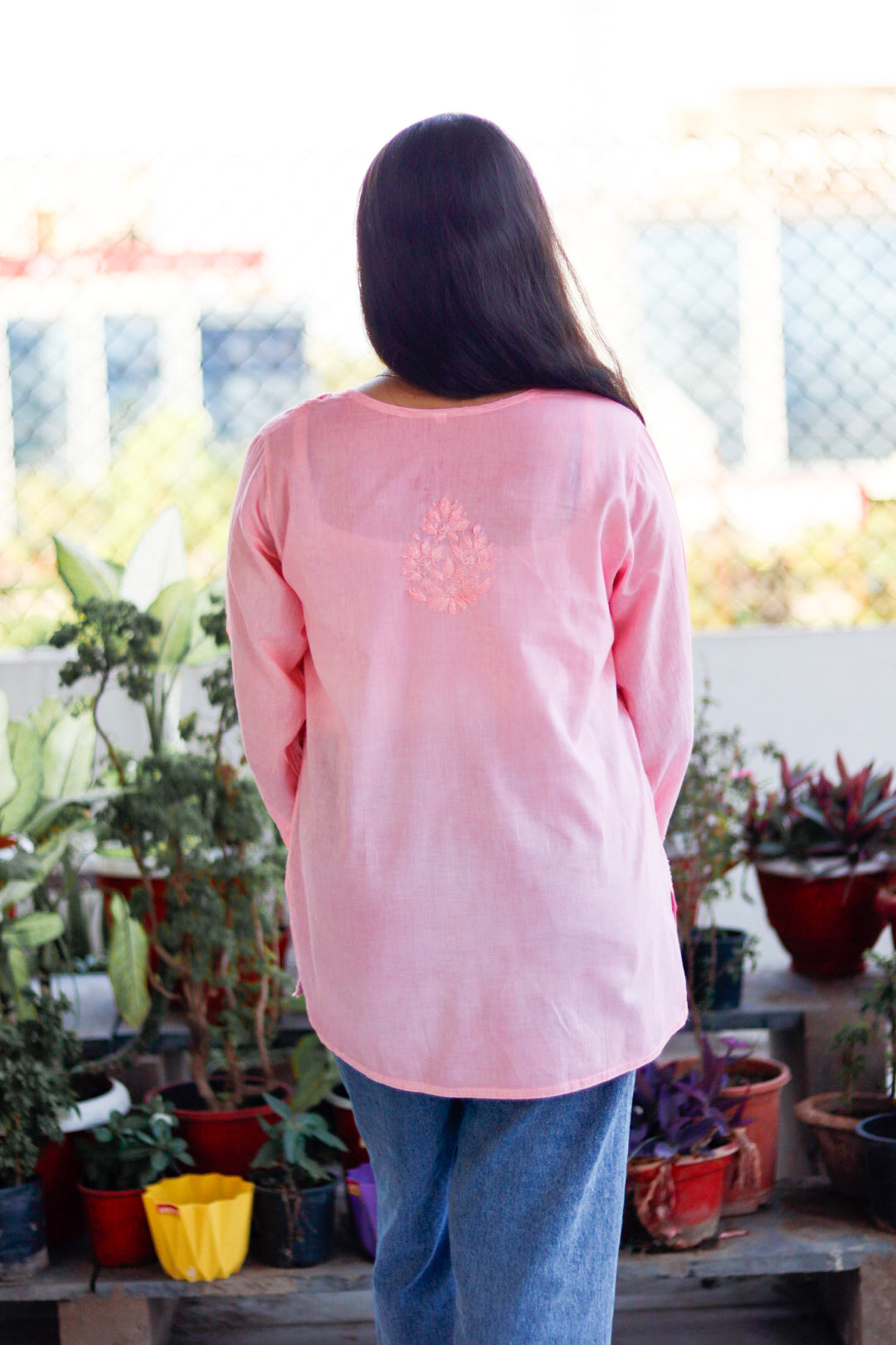 Peach Chikankari Pure Cotton Top For Women