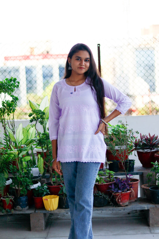 Lavender Chikankari Pure Cotton Top For Women