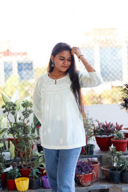 Lemon Yellow Chikankari  Pure Cotton Top For Women