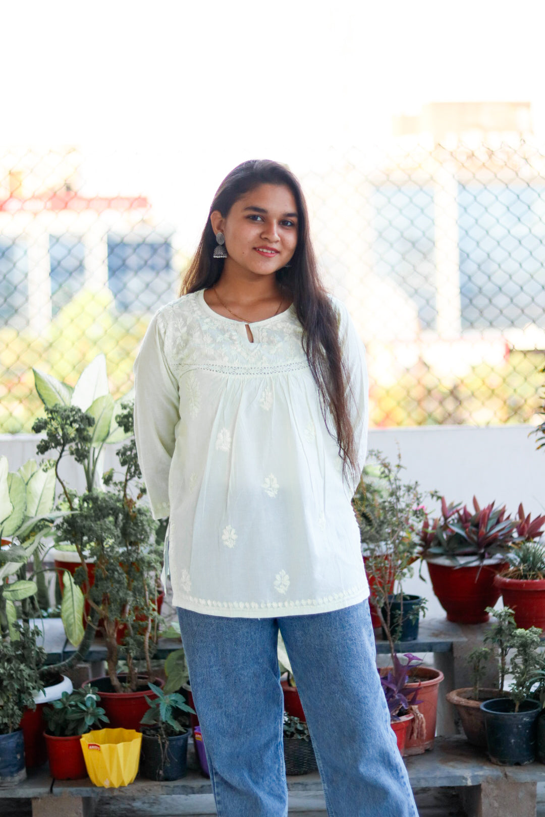 Lemon Yellow Chikankari  Pure Cotton Top For Women