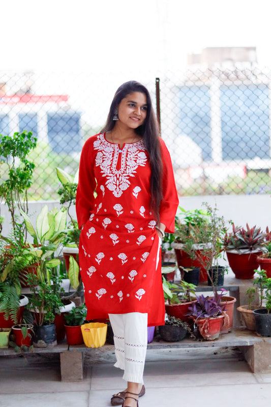 Red Rayon Embroidered Kurti For Women