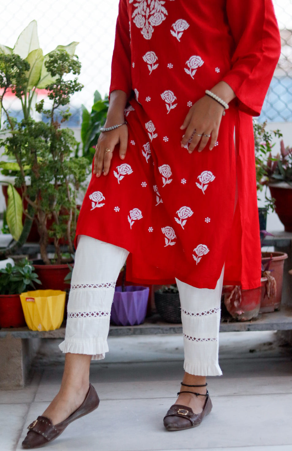Red Rayon Embroidered Kurti For Women
