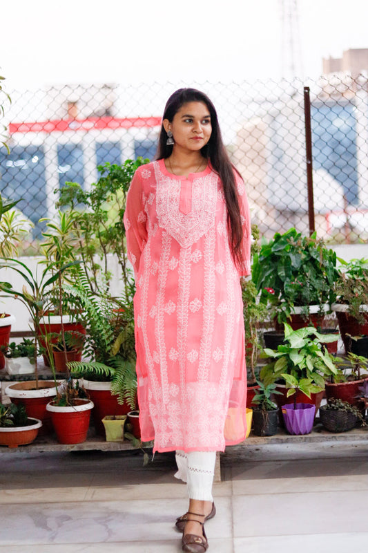 Peach Georgette Chikan Kari Kurti with Inner for Women