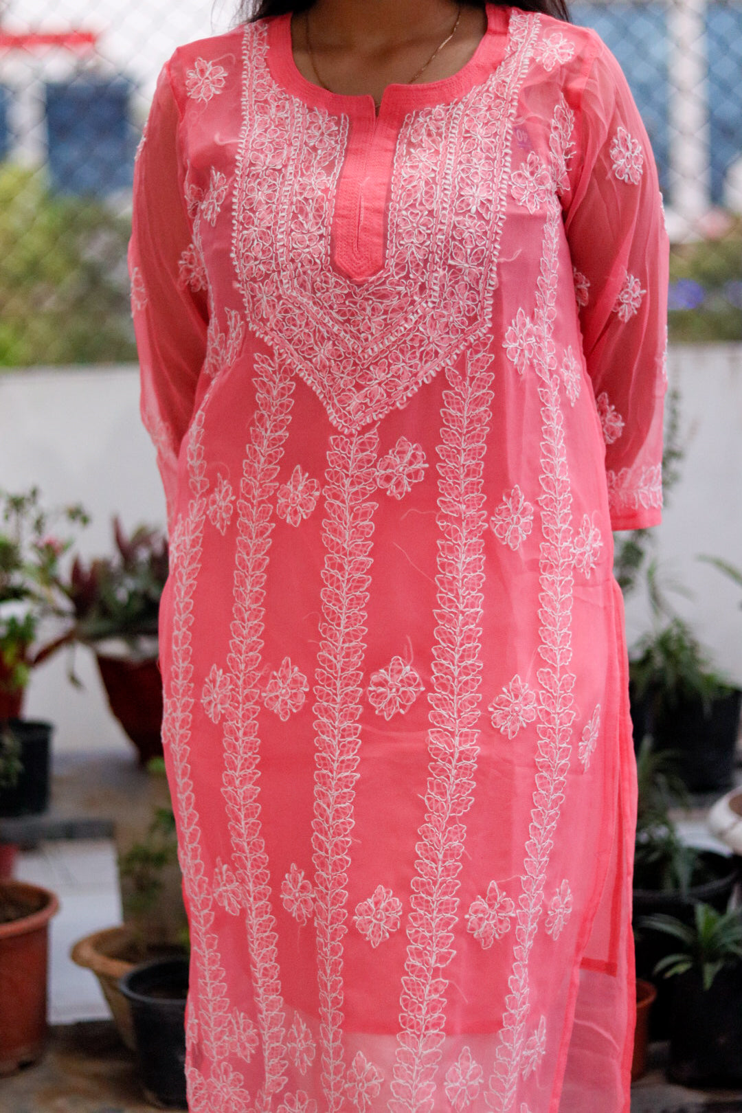 Peach Georgette Chikan Kari Kurti with Inner for Women