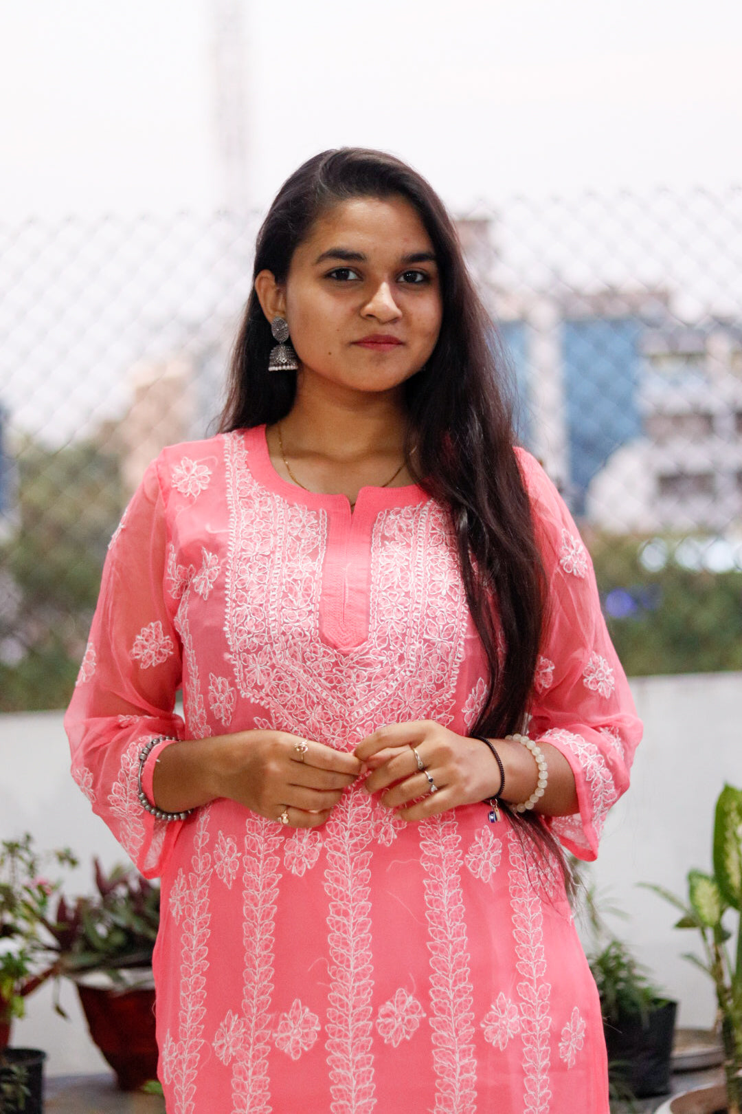 Peach Georgette Chikan Kari Kurti with Inner for Women