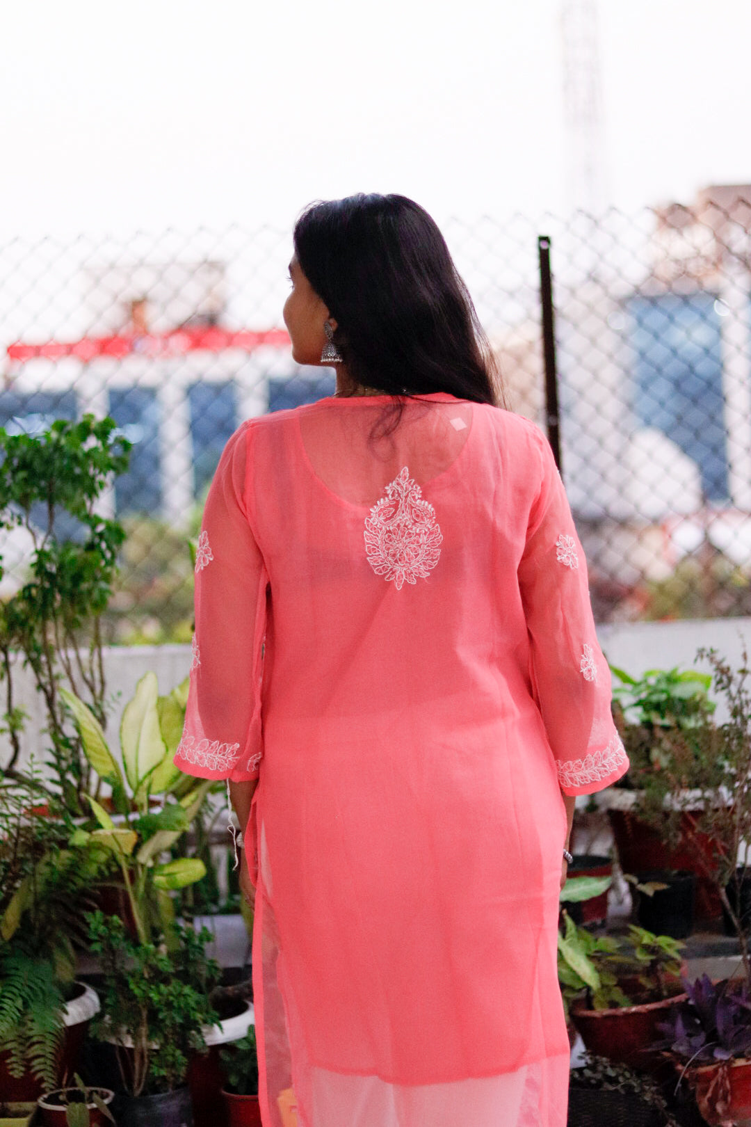 Peach Georgette Chikan Kari Kurti with Inner for Women