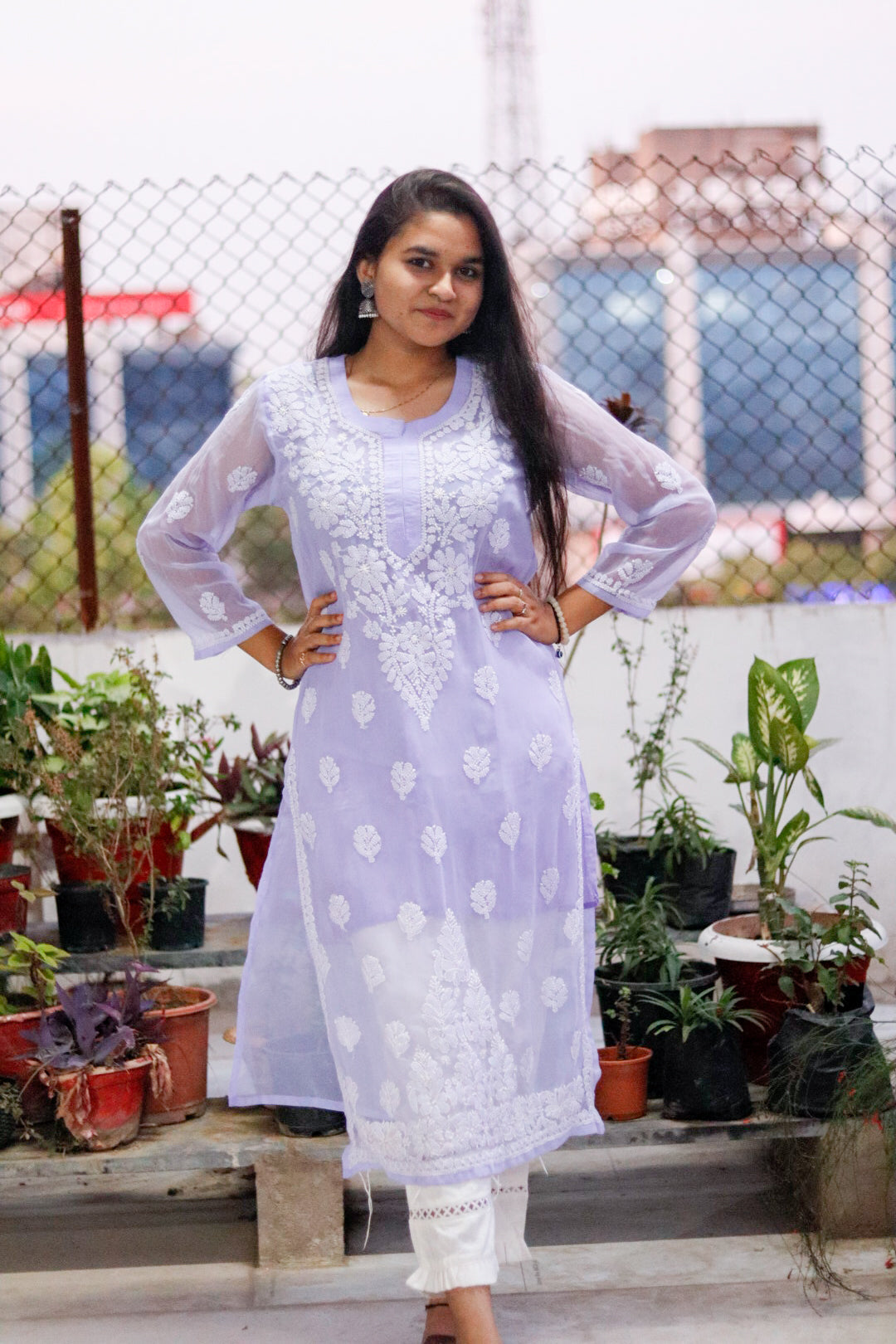 Lavender Georgette Chikan Kari Kurti