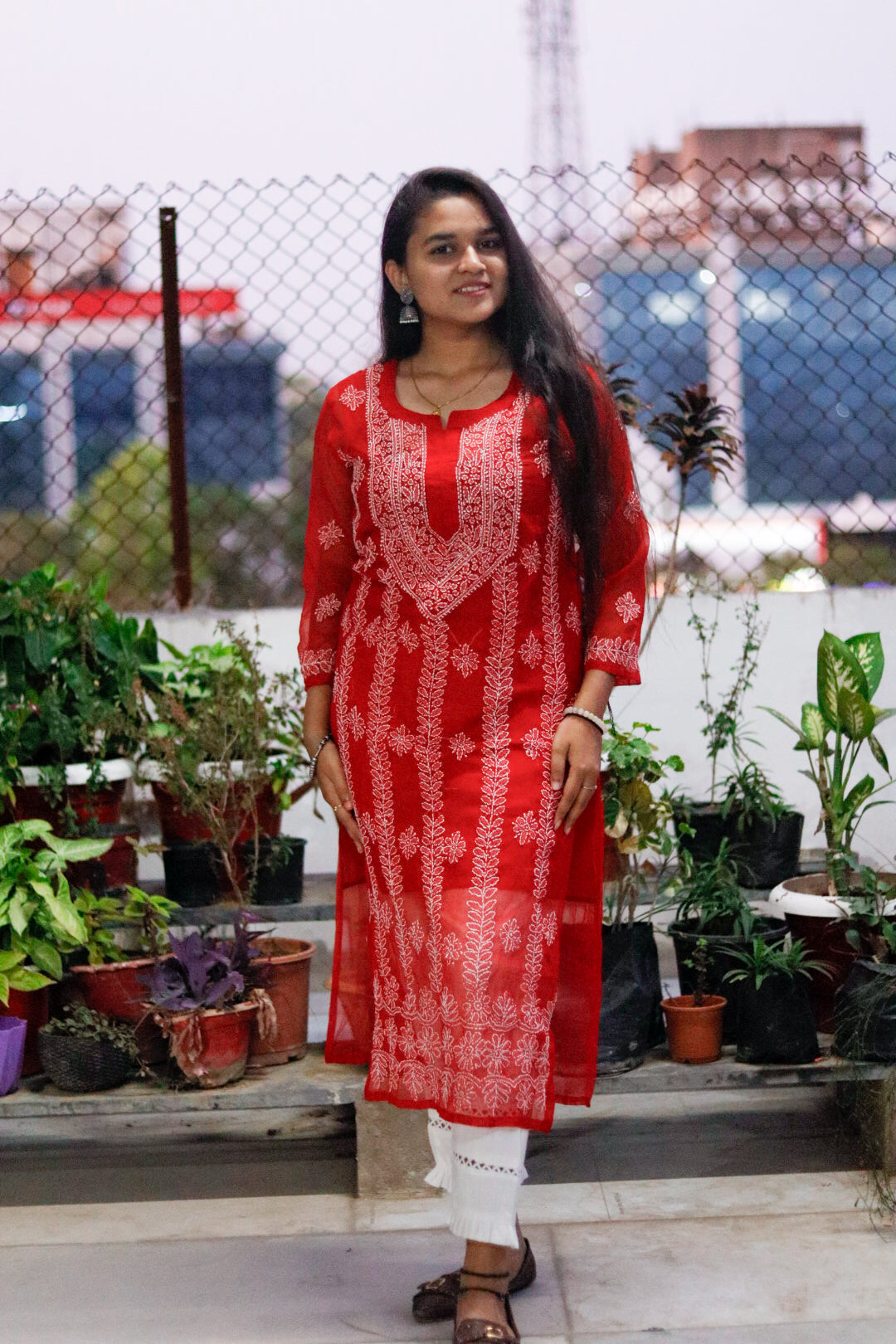Red Georgette Chikan Kari Kurti with Inner for Women