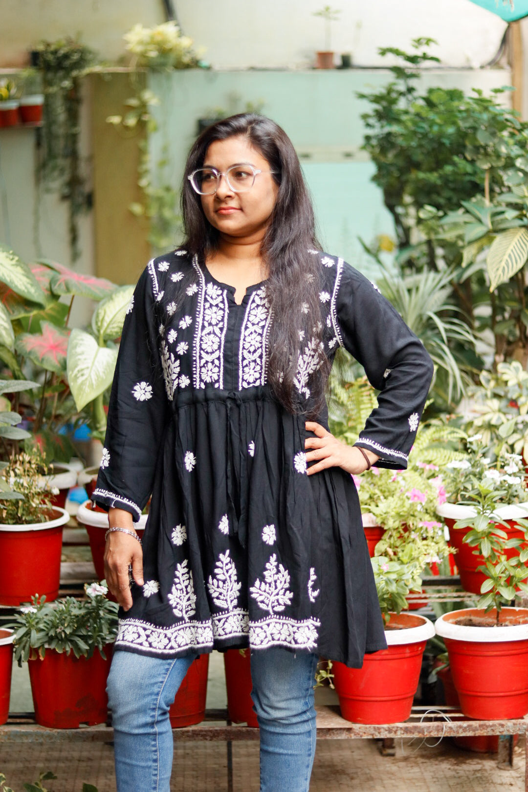 Black Rayon Beautiful Chikankari Short Kurti With  Adjustable Belt  For Women