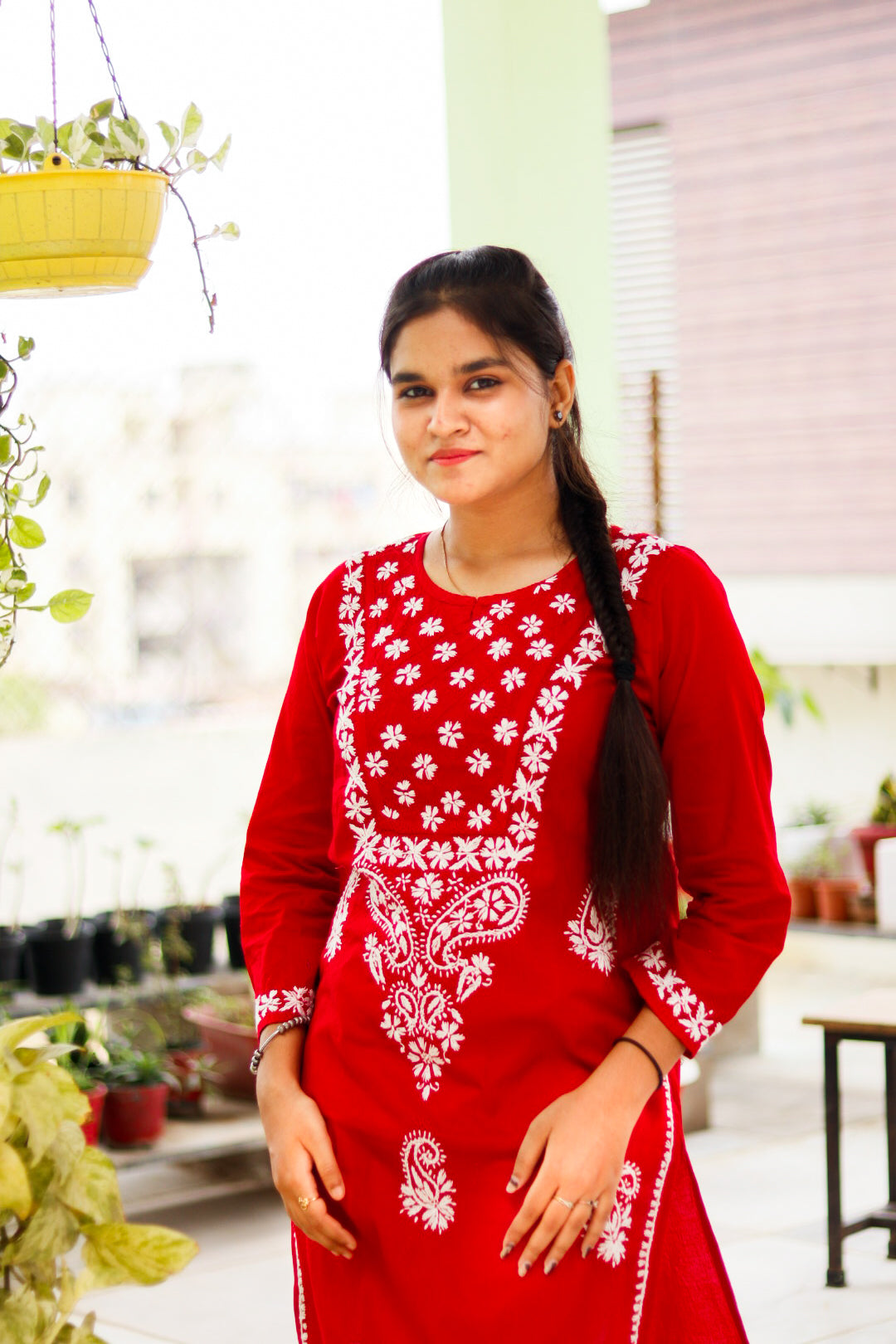 Red Pure Cotton Chikankari  Hand Embroidered Kurta For Women