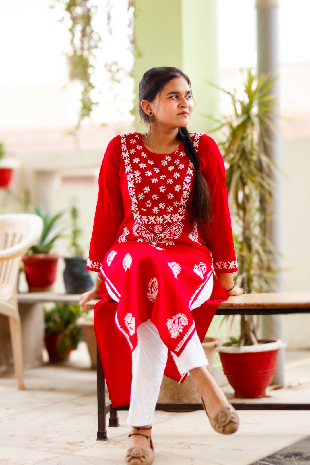 Red Pure Cotton Chikankari  Hand Embroidered Kurta For Women
