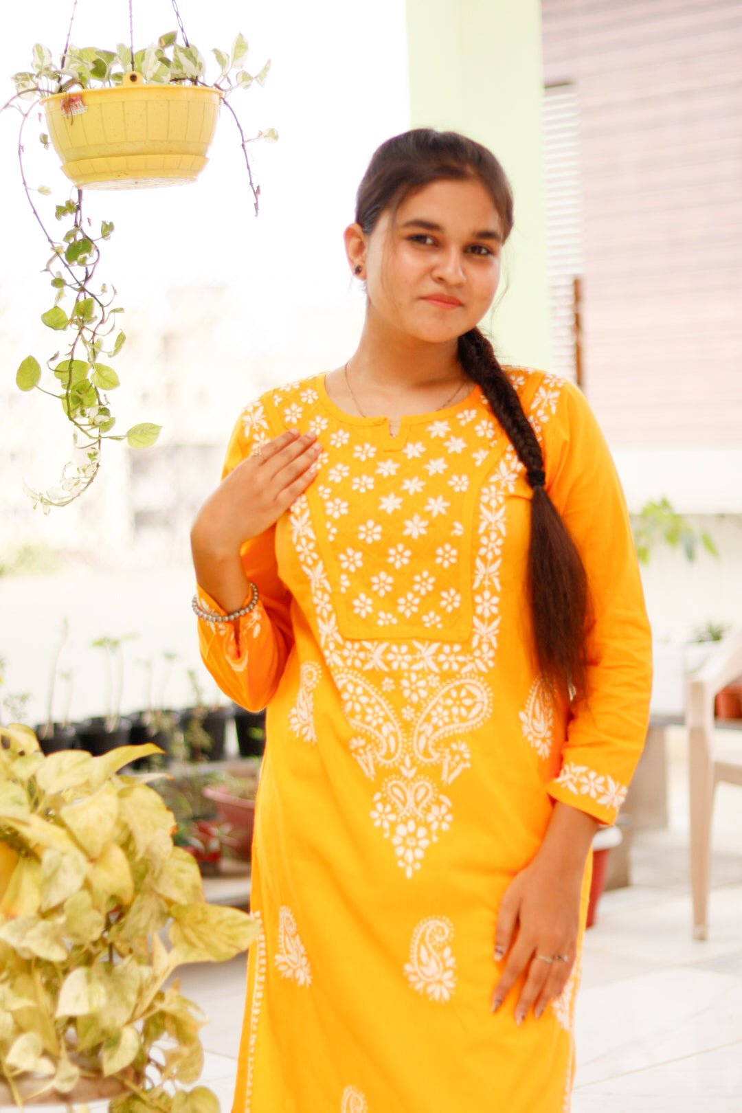 Mustard Yellow Cotton Chikankari Kurti For Women