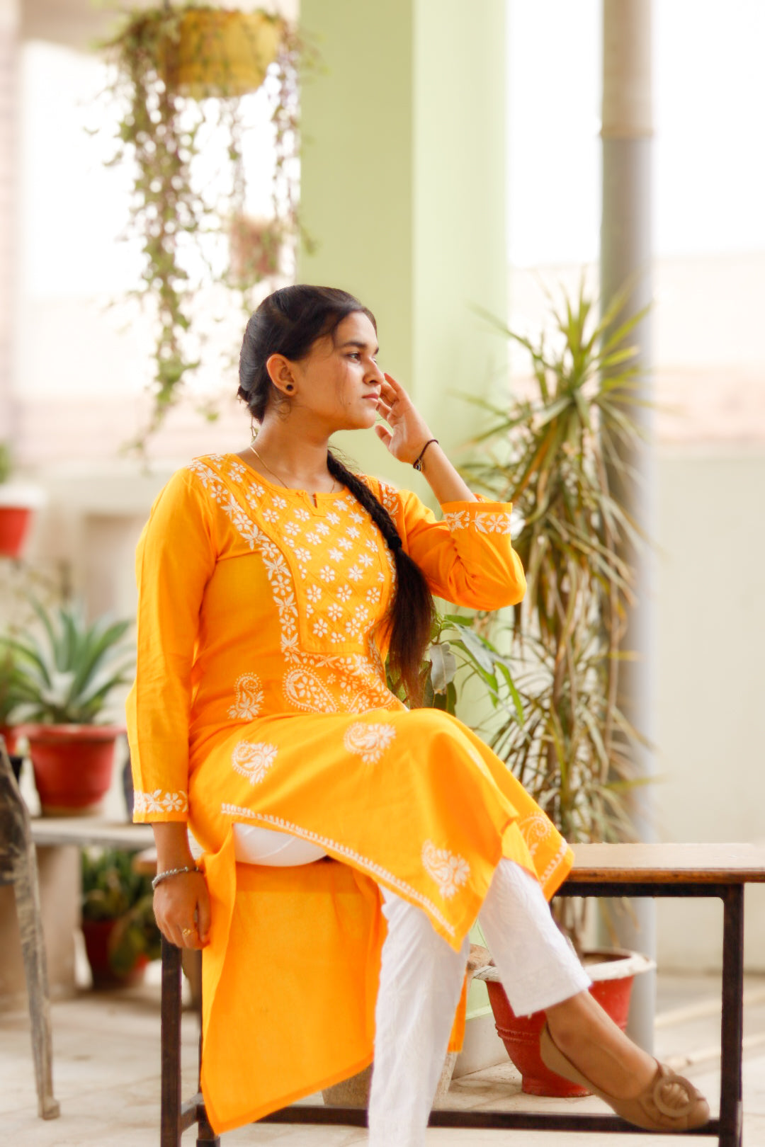 Mustard Yellow Cotton Chikankari Kurti For Women
