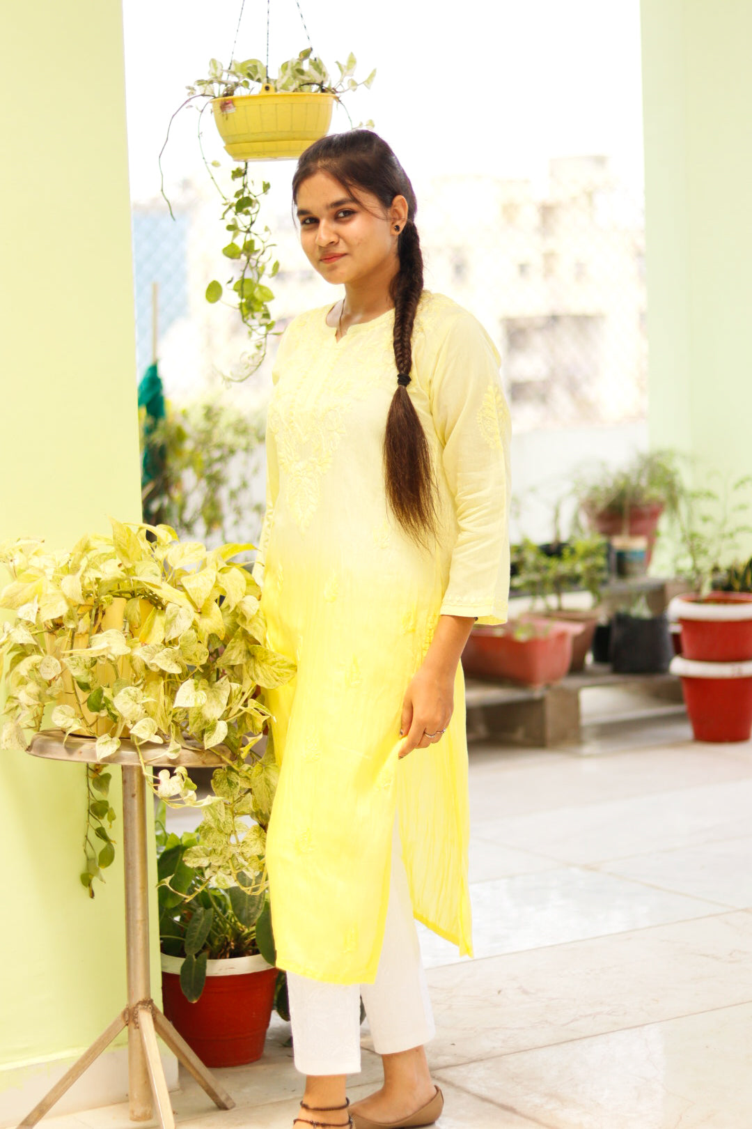 Yellow Chanderi  Silk Shaded Chikankari  Kurti  For Women