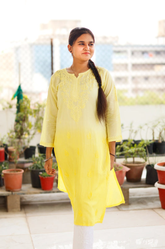 Yellow Chanderi  Silk Shaded Chikankari  Kurti  For Women