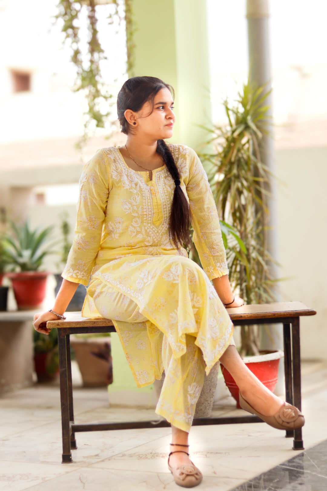 Yellow Printed Mal-Mal Cotton Chikankari Kurti With Pant
