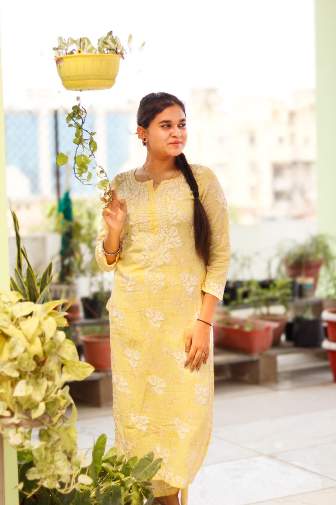 Yellow Printed Mal-Mal Cotton Chikankari Kurti With Pant