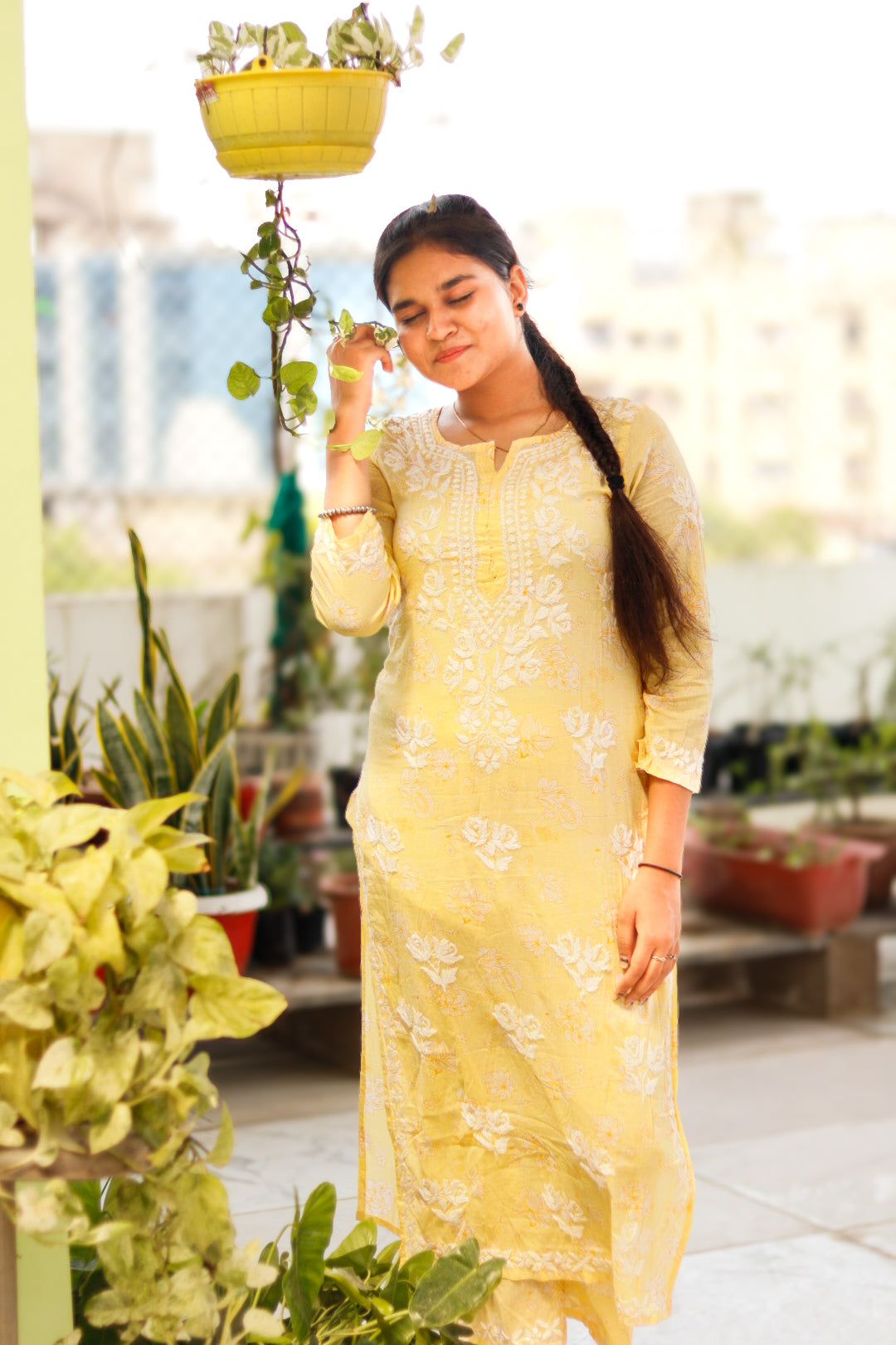 Yellow Printed Mal-Mal Cotton Chikankari Kurti With Pant