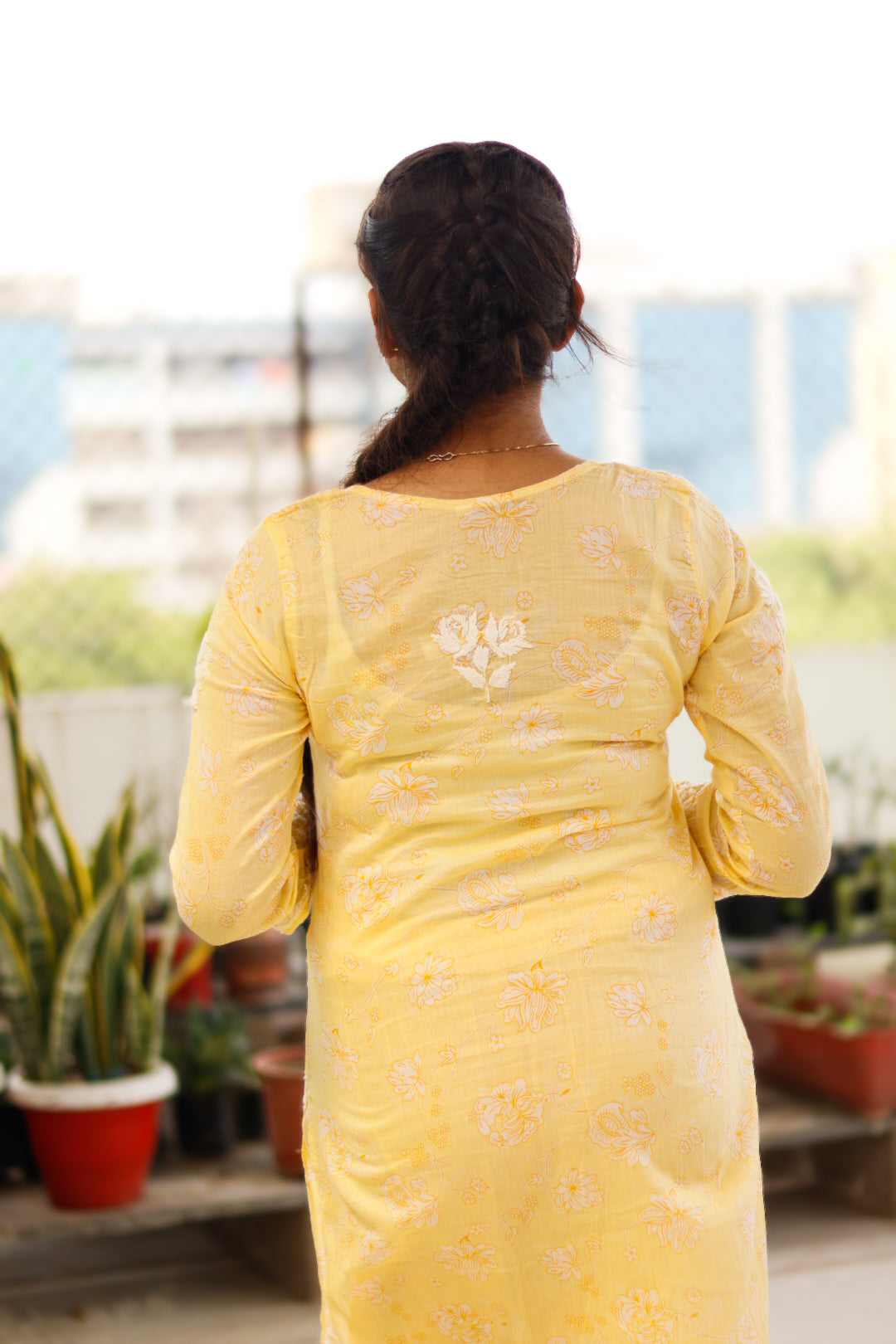 Yellow Printed Mal-Mal Cotton Chikankari Kurti With Pant