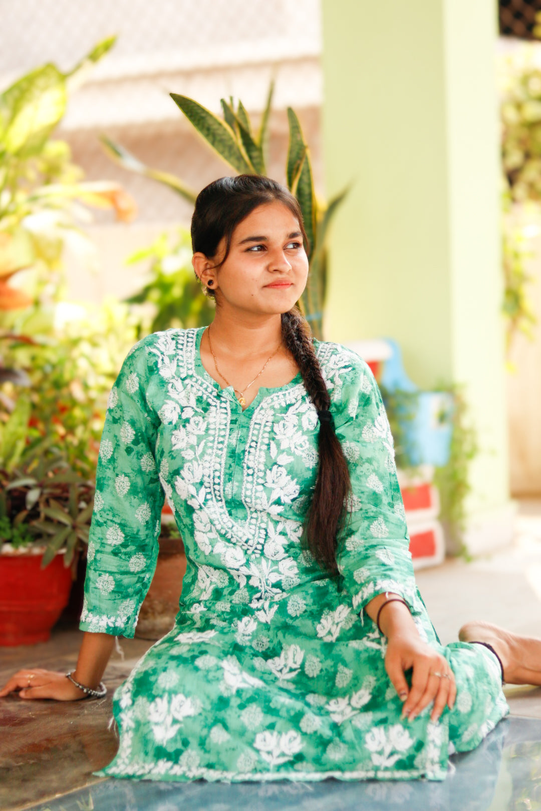 Green Printed Mal-Mal Cotton Chikankari Kurti With Pant
