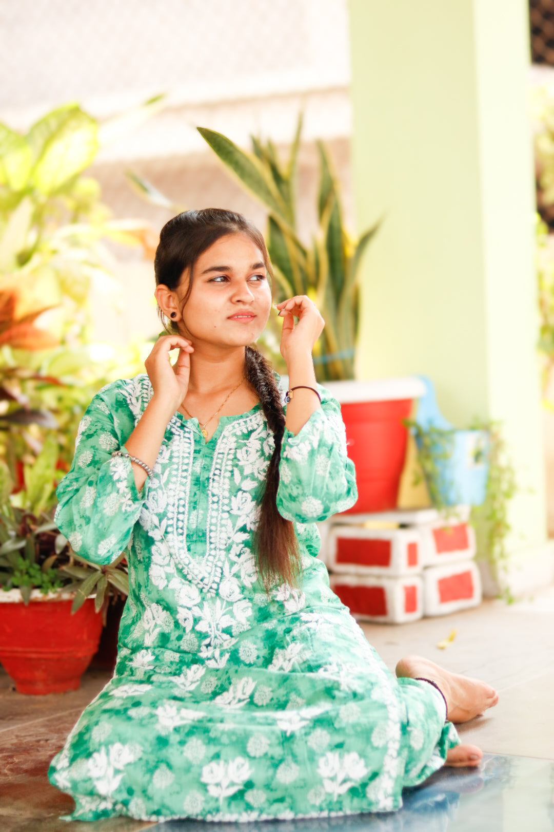 Green Printed Mal-Mal Cotton Chikankari Kurti With Pant