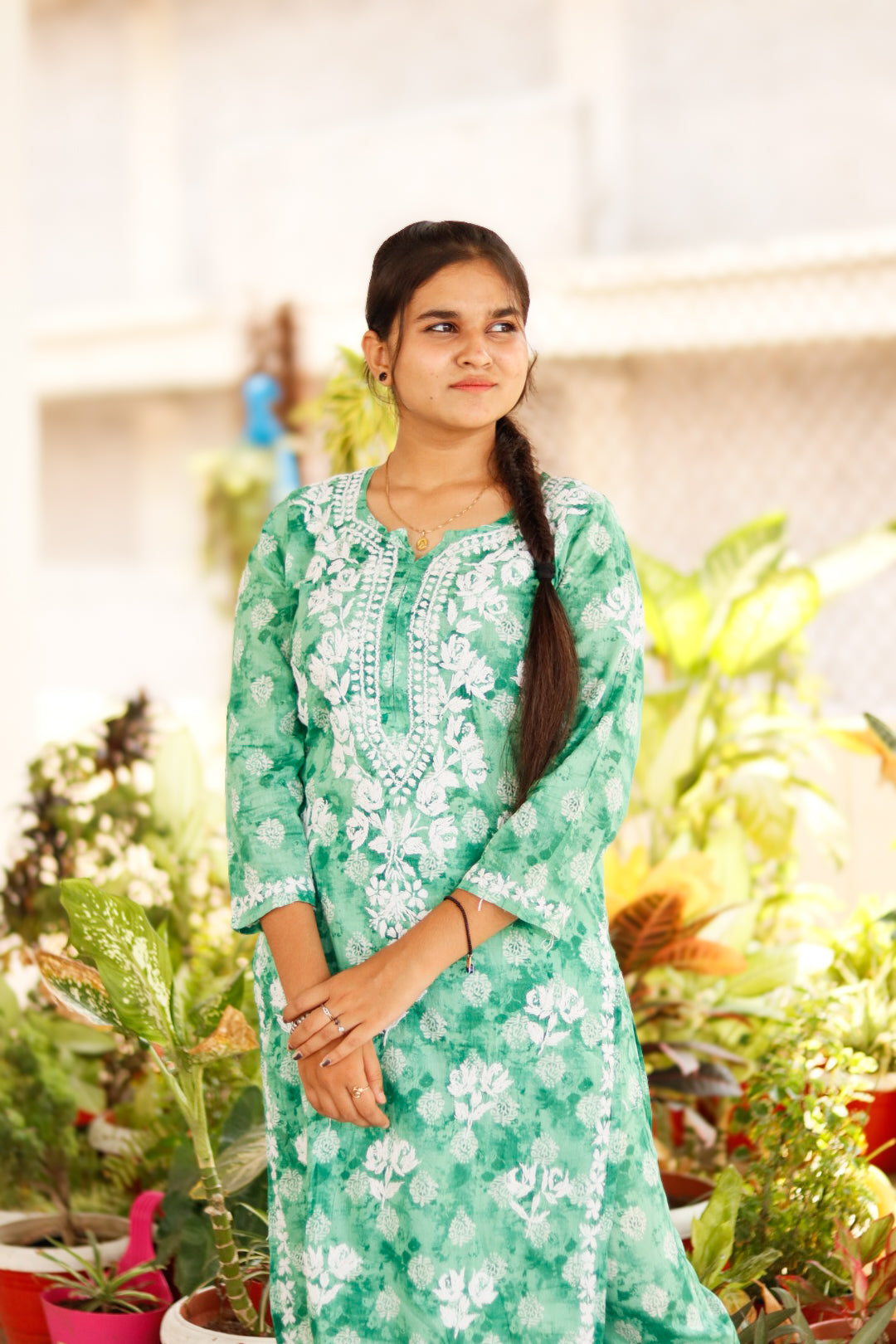 Green Printed Mal-Mal Cotton Chikankari Kurti With Pant