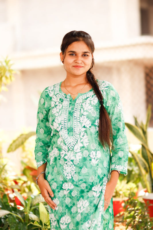 Green Printed Mal-Mal Cotton Chikankari Kurti With Pant