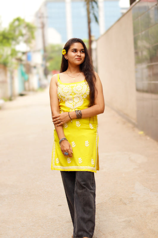 Yellow Sleeveless Chikankari Rayon Shot Top Style Kurti