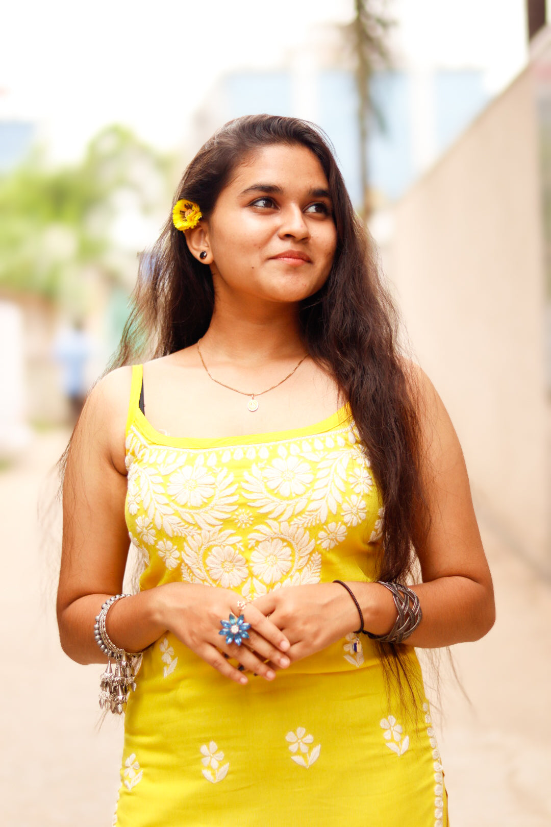 Yellow Sleeveless Chikankari Rayon Shot Top Style Kurti