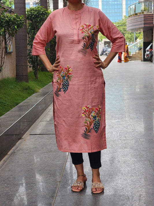 Organic Cotton Peach  Hand-Painted Embroidery Kurti for Women