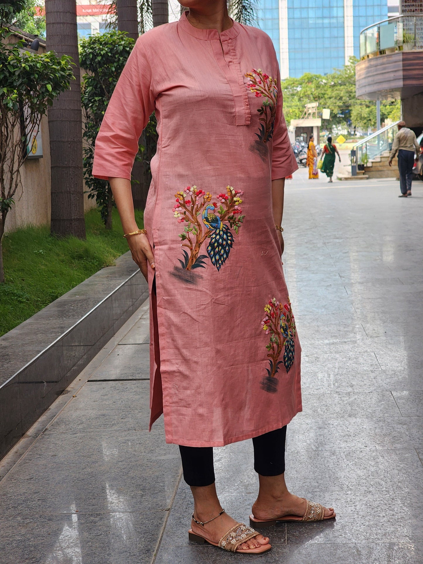 Organic Cotton Peach  Hand-Painted Embroidery Kurti for Women