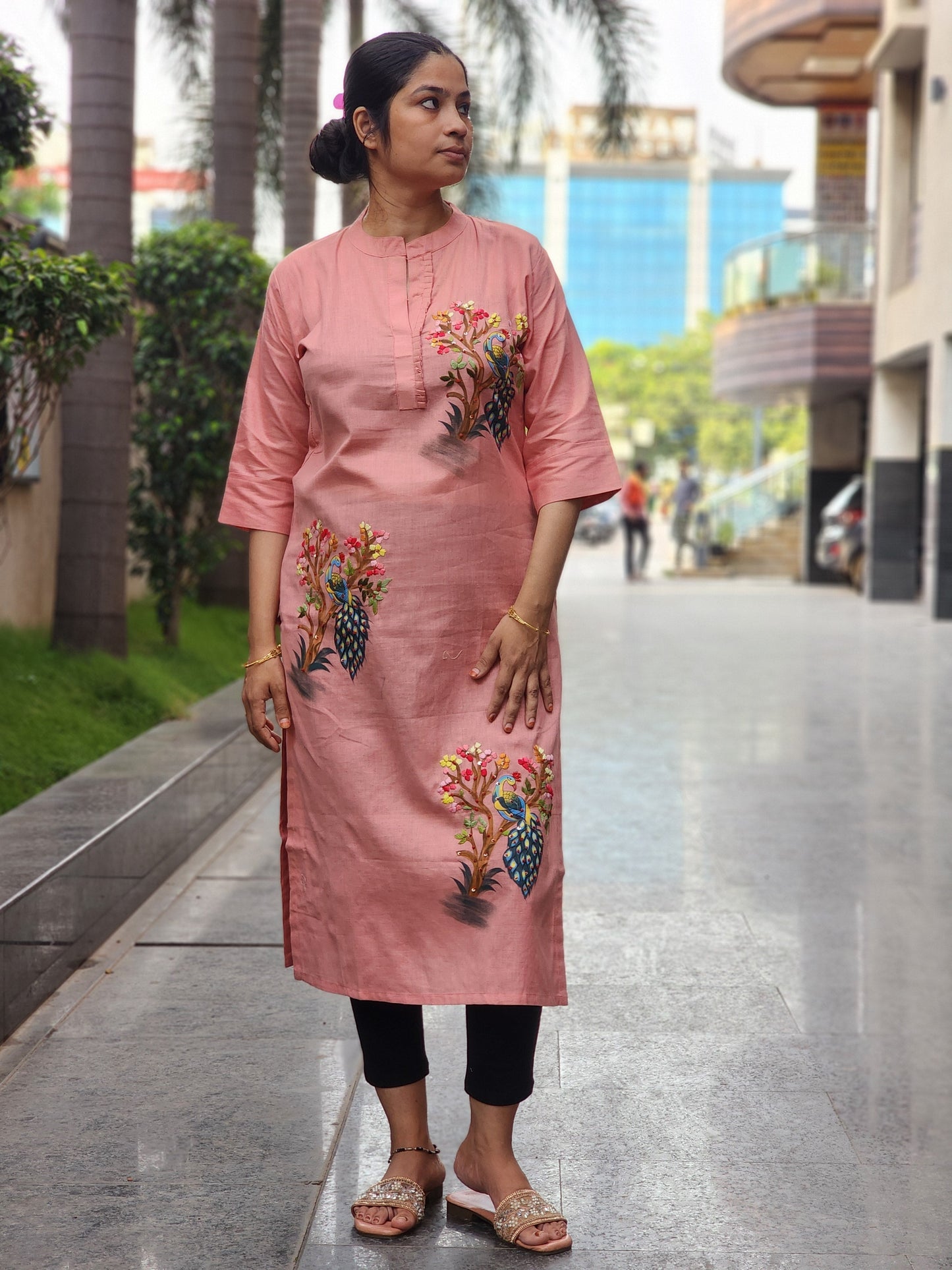 Organic Cotton Peach  Hand-Painted Embroidery Kurti for Women