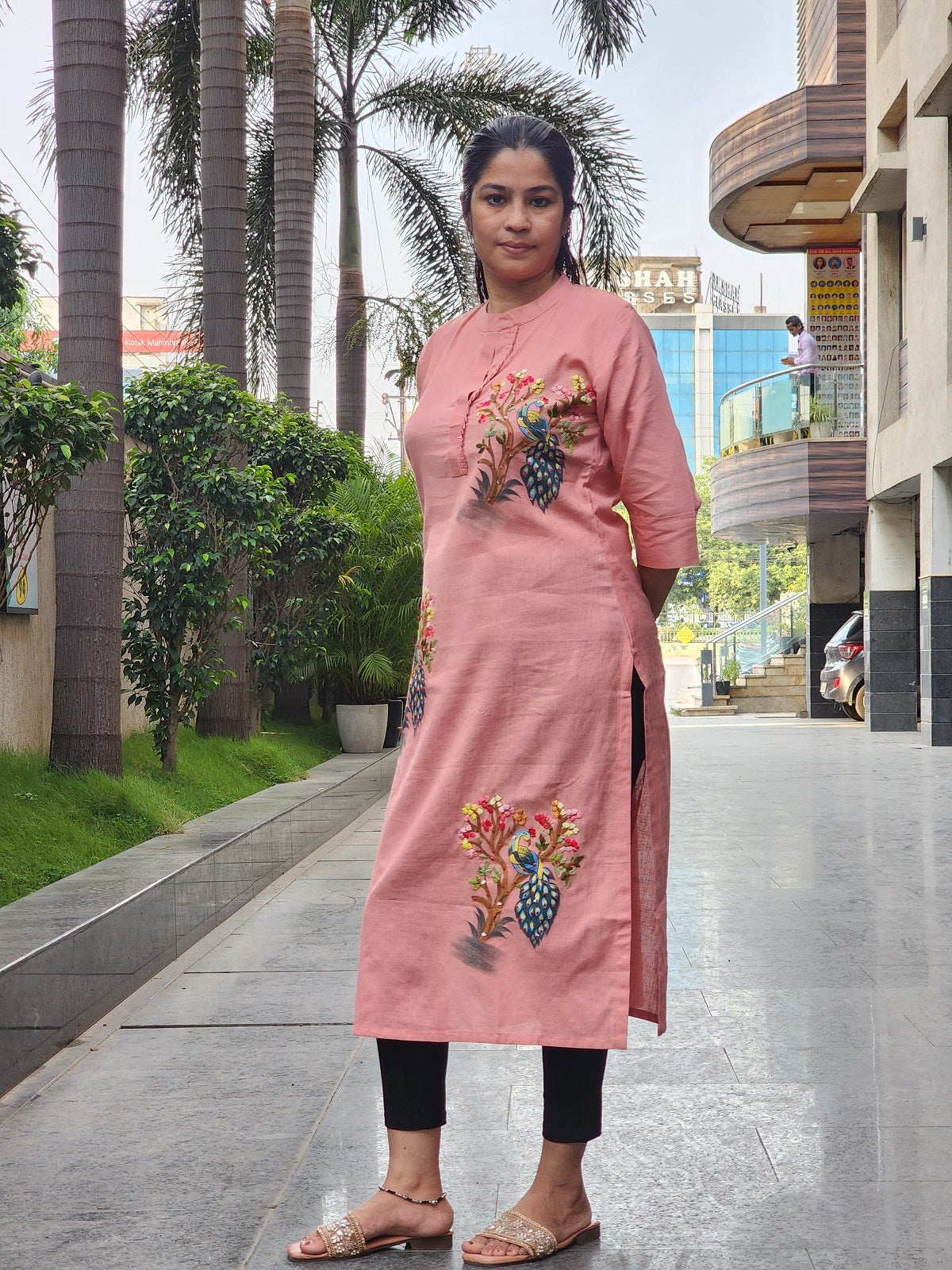 Organic Cotton Peach  Hand-Painted Embroidery Kurti for Women