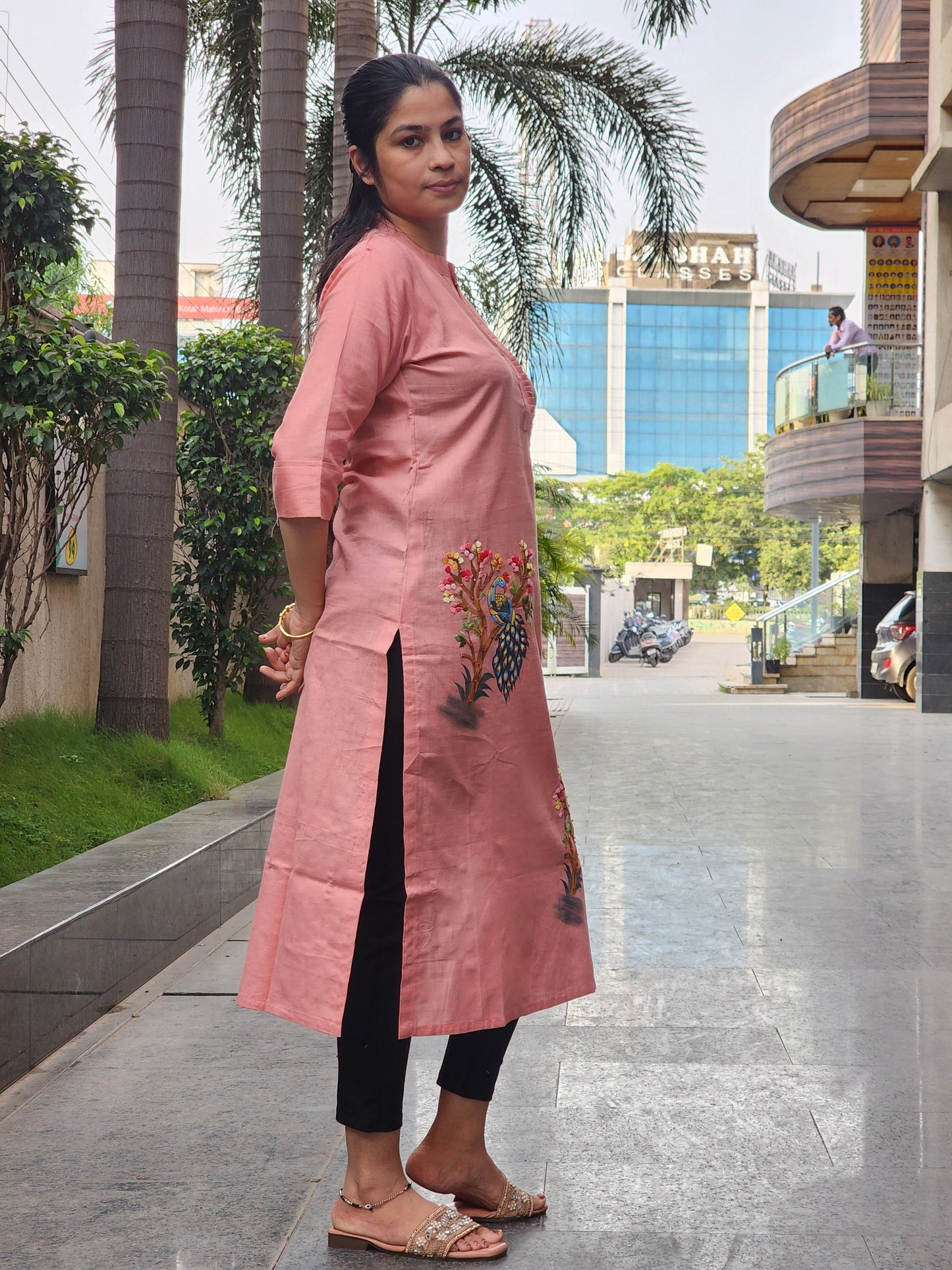 Organic Cotton Peach  Hand-Painted Embroidery Kurti for Women