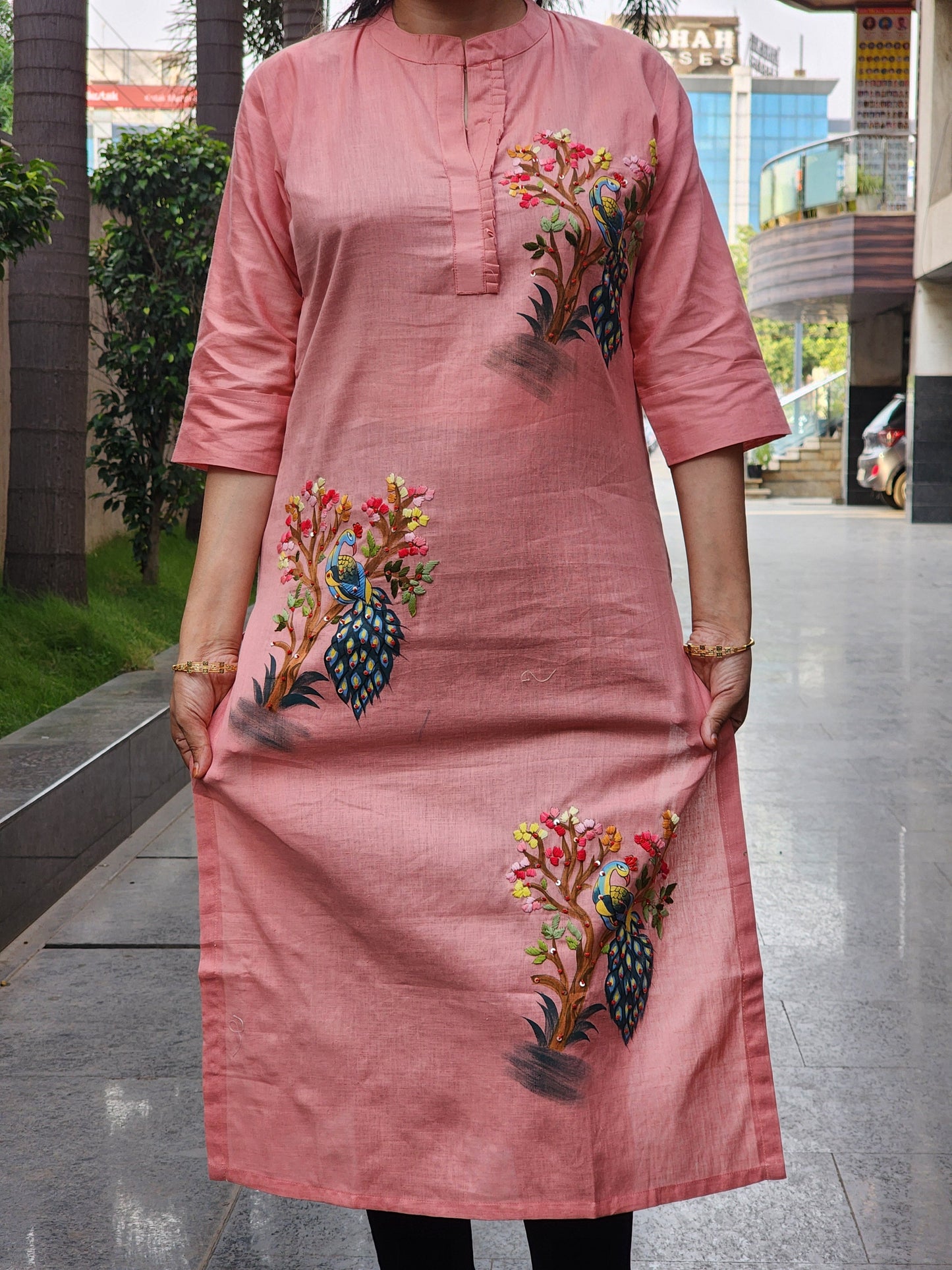 Organic Cotton Peach  Hand-Painted Embroidery Kurti for Women