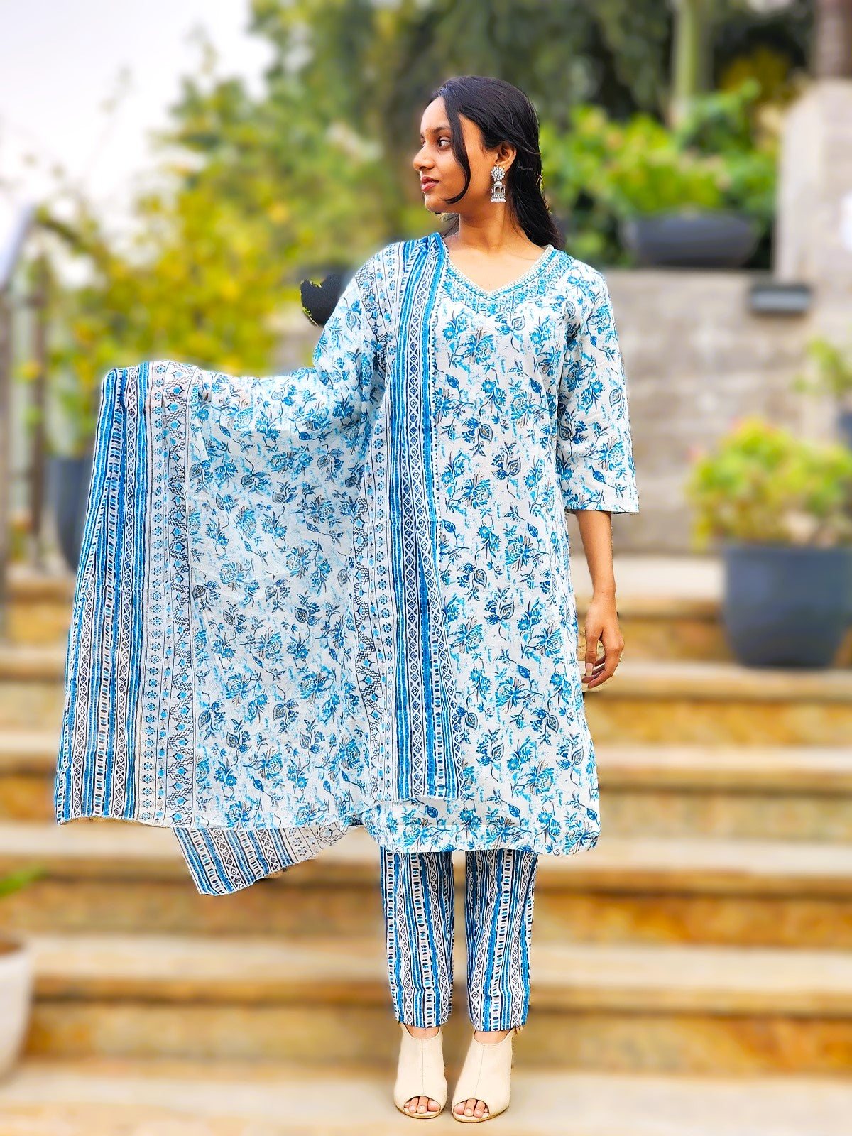 Blue Jaipuri Kurti Pant Dupatta Set