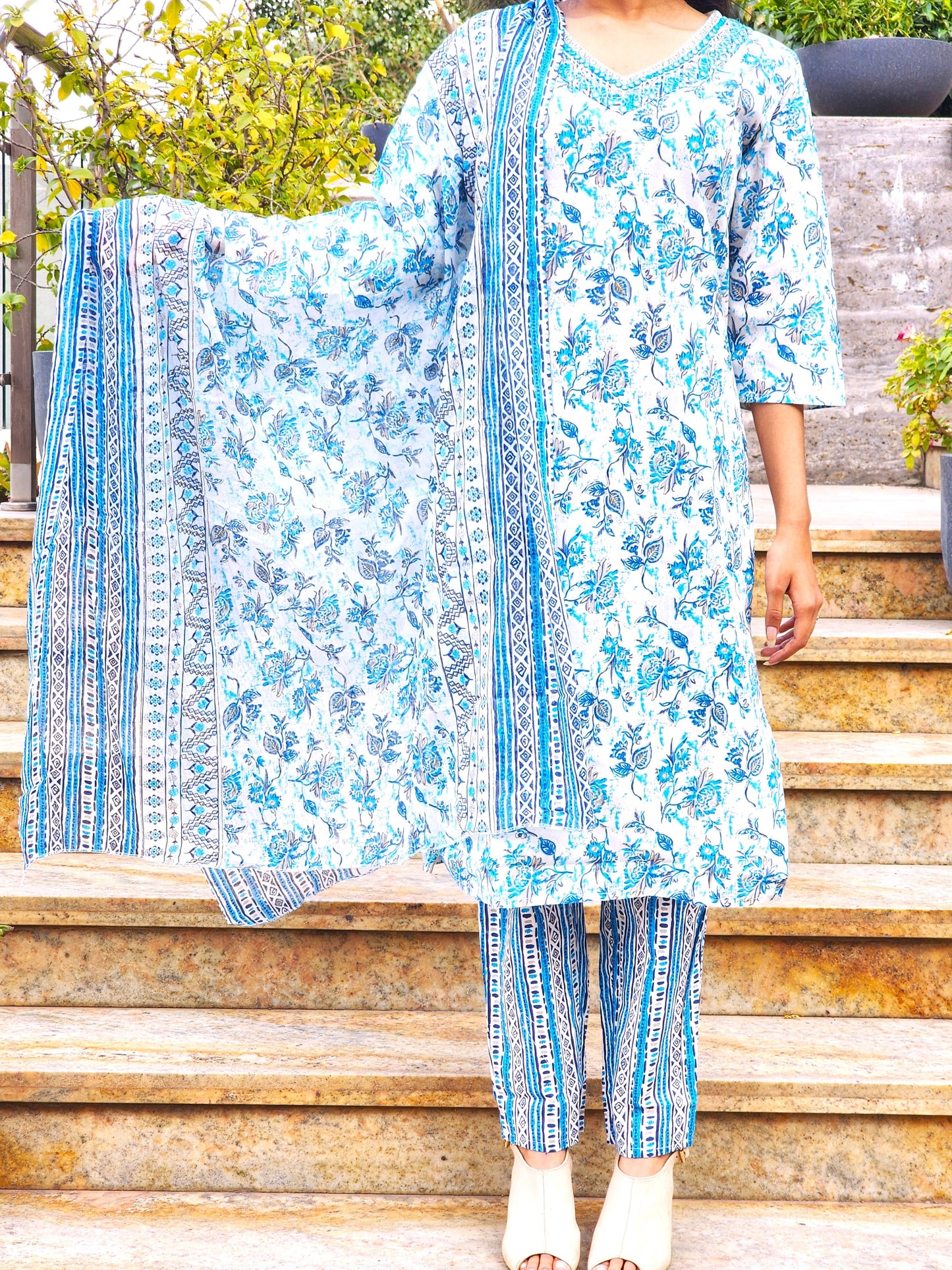 Blue Jaipuri Kurti Pant Dupatta Set