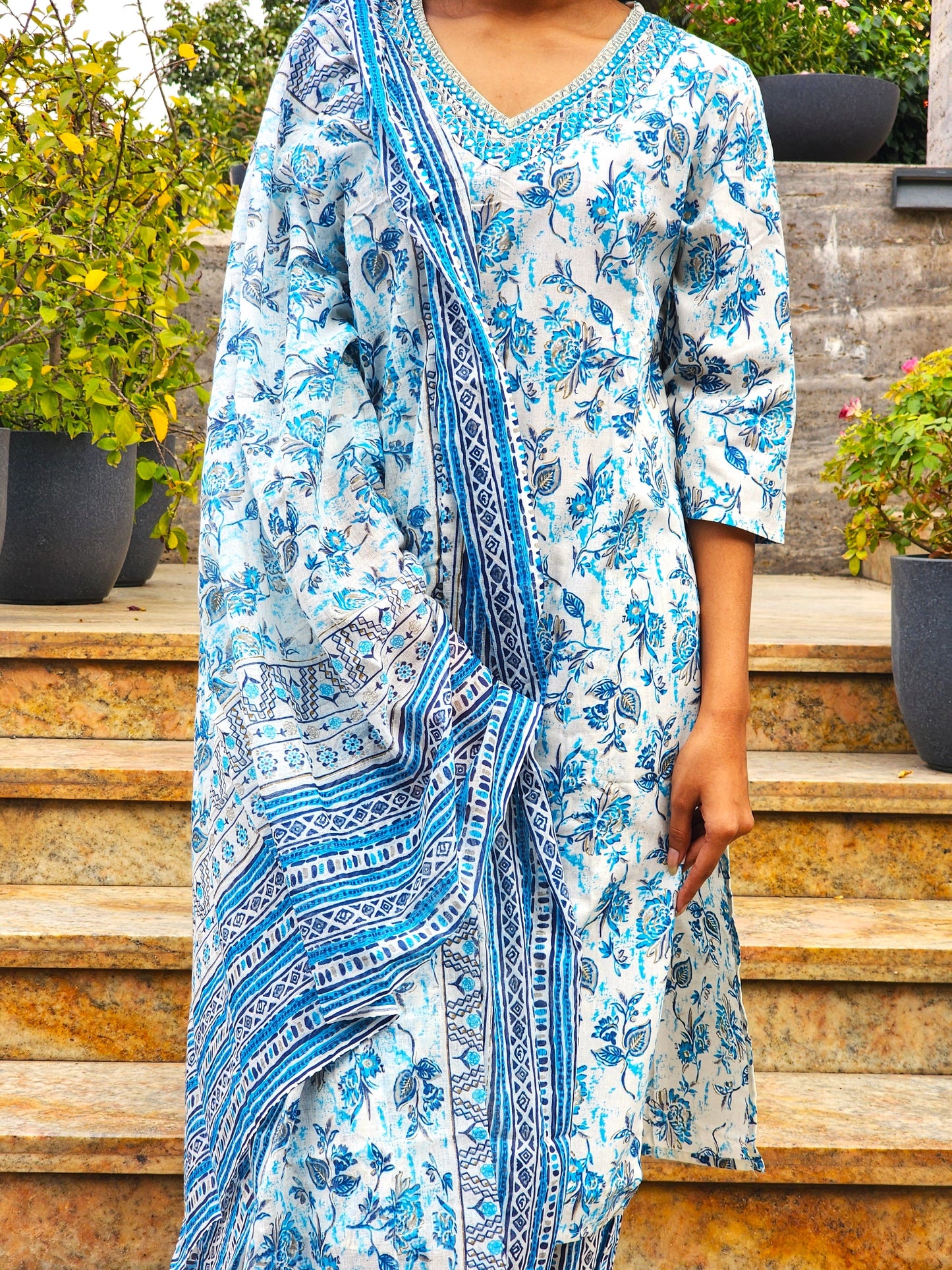 Blue Jaipuri Kurti Pant Dupatta Set