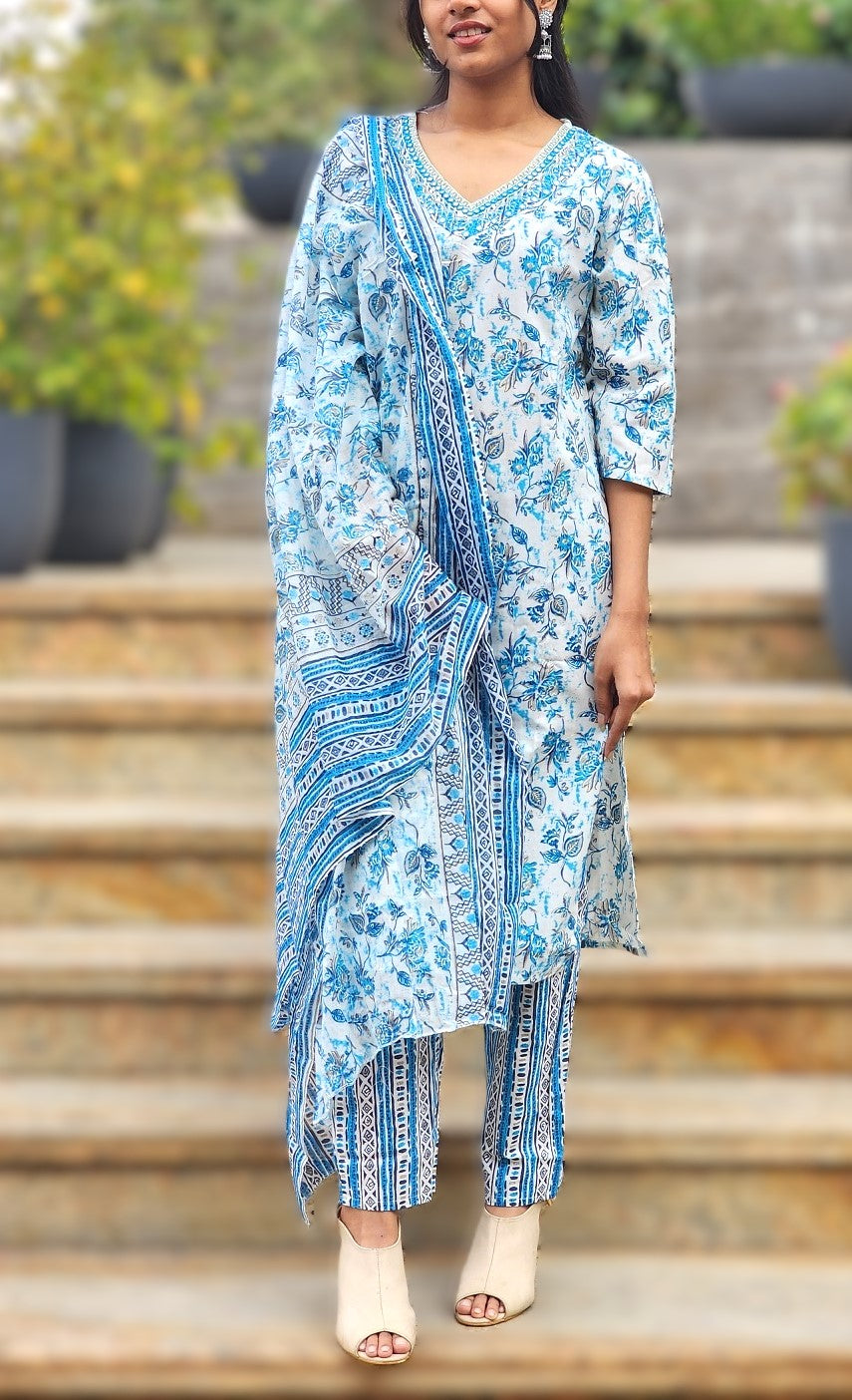 Blue Jaipuri Kurti Pant Dupatta Set