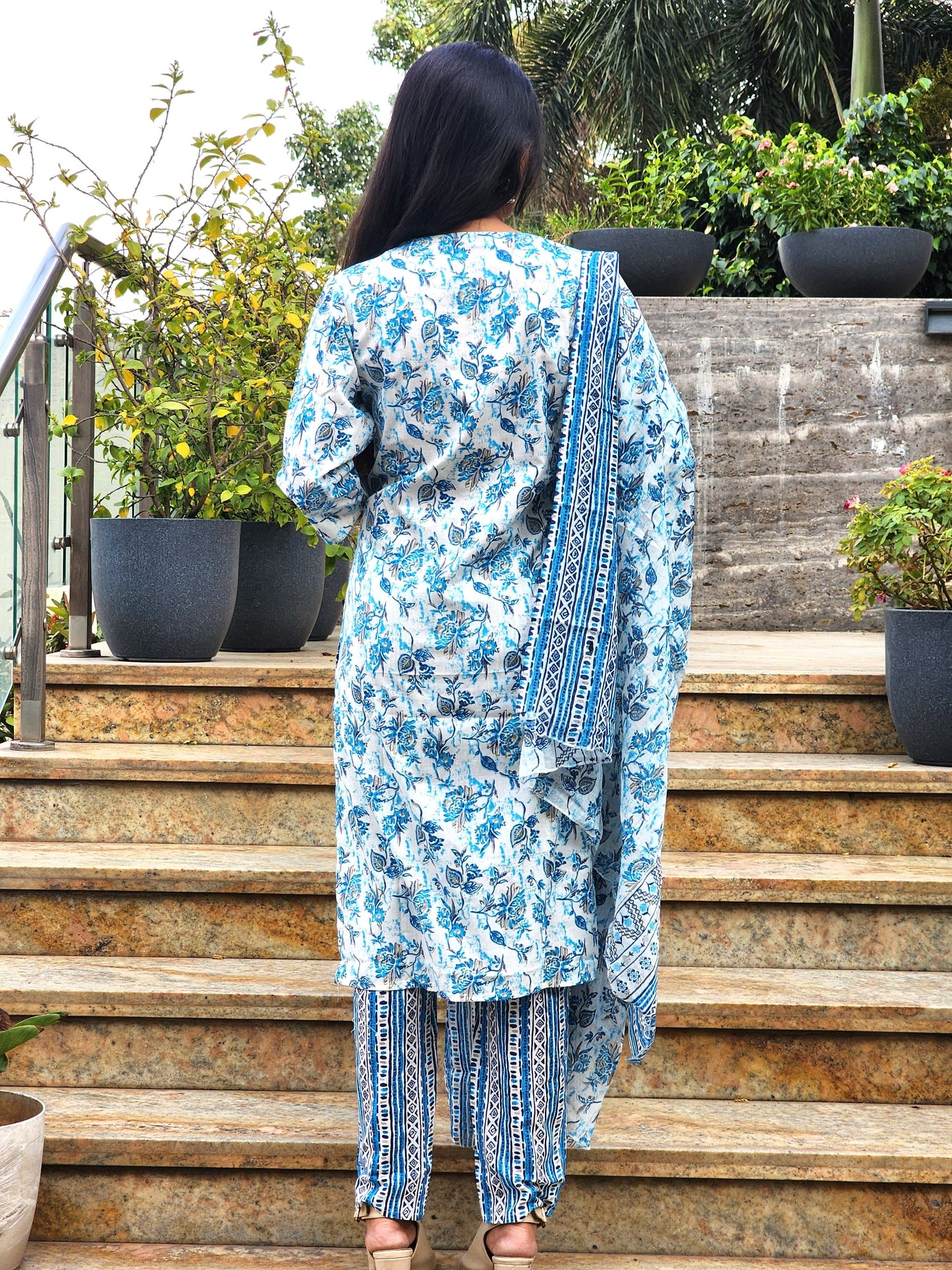 Blue Jaipuri Kurti Pant Dupatta Set