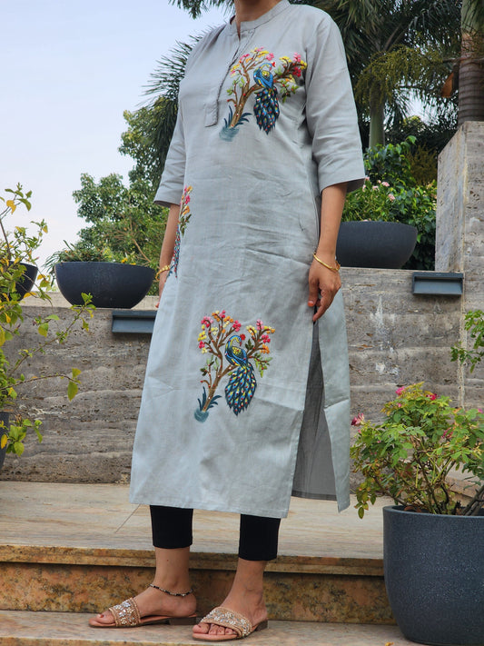 Organic Cotton Grey Hand-Painted Embroidery Kurti for Women